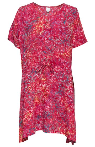 Rotes Damenkleid mit abstraktem Muster in Blau und Pink, kurzer Ärmel, V-Ausschnitt, asymmetrischer Saum, taillierter Schnitt, Tunnelzug in der Taille