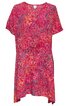 Rotes Damenkleid mit abstraktem Muster in Blau und Pink, kurzer Ärmel, V-Ausschnitt, asymmetrischer Saum, taillierter Schnitt, Tunnelzug in der Taille