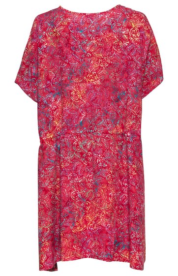 Kleid in Pink mit buntem Paisley-Muster, rundem Ausschnitt, kurze Ärmel, leicht tailliert, knieumspielend