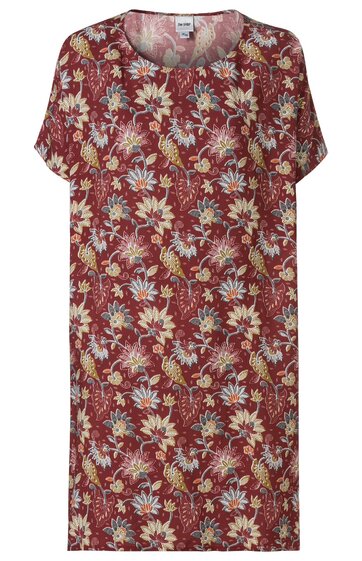 Kurzärmeliges Kleid in Bordeauxrot mit floralem Muster in Beige und Hellblau, runder Ausschnitt, gerade Form, knielang