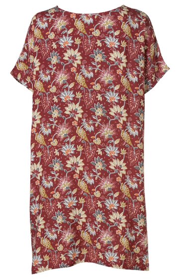 Rotes, kurzärmeliges Kleid mit floralen Mustern in Weiß, Gelb und Blau, rundem Ausschnitt, lockere Passform, knielang