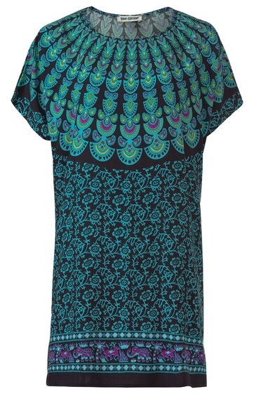 Kurzärmeliges Damenoberteil in Schwarz mit türkisfarbenem und violettem Paisley-Muster am Rundhalsausschnitt, florales Muster am Körper, gerade Form, Hüftlänge