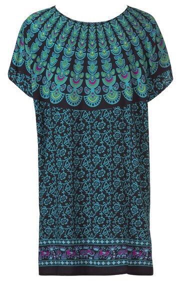 Damenkleid in Dunkelblau mit türkis und lila floralem Muster, Rundhalsausschnitt, kurze überschnittene Ärmel, knielang, gerade geschnitten