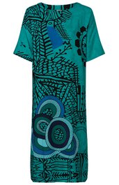 Türkisfarbenes Kleid mit schwarz-blauem abstraktem Muster, rundem Ausschnitt, kurze Ärmel, gerade geschnitten