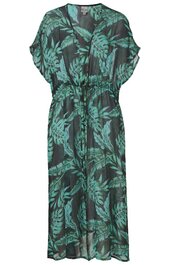 Schwarzes Midikleid mit grünem Blattmuster, V-Ausschnitt, kurze Fledermausärmel, elastischer Taillenbund, locker fallend