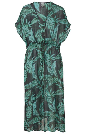 Schwarzes Midikleid mit grünem Blattmuster, V-Ausschnitt, kurze Fledermausärmel, elastischer Taillenbund, locker fallend