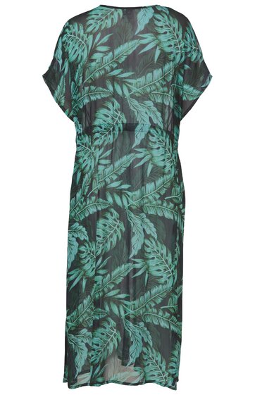 Schwarzes caftanartiges Kleid mit grünem Blattmuster, lockere Passform, kurze überschnittene Ärmel, knielang, rundhalsausschnitt