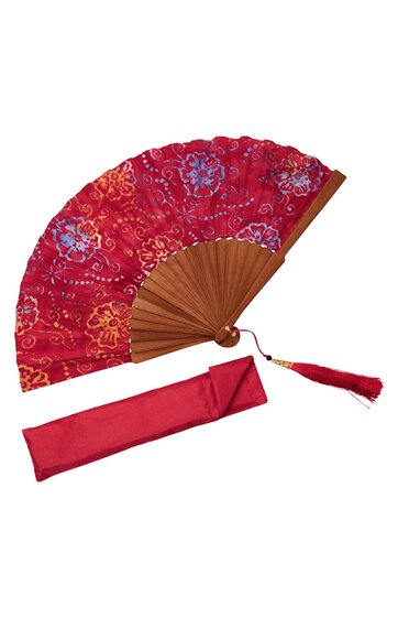 Handfächer mit rotem Stoff und buntem Blumenmuster, Holzgriff, rot-goldener Quaste, inklusive roter Hülle