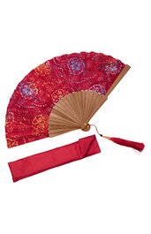 Handfächer mit rotem Stoff und buntem Blumenmuster, Holzgriff, rot-goldener Quaste, inklusive roter Hülle
