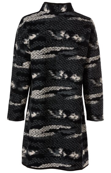 Langärmeliges Kleid in Schwarz mit grauen und hellgrauen unregelmäßigen Streifen, hoher Kragen, gerade Form, knielang