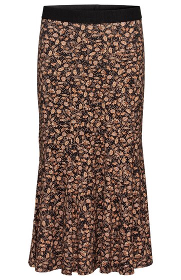Maxirock in Schwarz mit beigebraunem Blumenmuster, elastischer schwarzer Bund, ausgestellter Schnitt, knöchellang