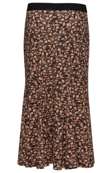 Maxirock in Schwarz mit kleinem beigem Blumenmuster, elastischer schwarzer Bund, ausgestellter Saum