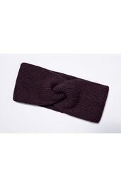Strickstirnband in dunkelviolett, durchgehendes Rippmuster, mittig verdrehter Knoten, rechteckige Form