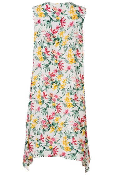 Langes ärmelloses Kleid in Weiß mit gelbem und rosa floralem Muster, Rundhalsausschnitt, lockere Passform, unregelmäßiger Saum