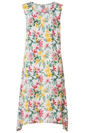 Ärmelloses, längliches Kleid in Weiß mit floralem Muster in Gelb, Pink und Grün, Rundhalsausschnitt, lockere Passform, seitliche Schlitze unten