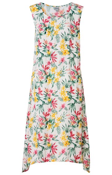 Ärmelloses, längliches Kleid in Weiß mit floralem Muster in Gelb, Pink und Grün, Rundhalsausschnitt, lockere Passform, seitliche Schlitze unten