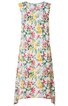 Ärmelloses, längliches Kleid in Weiß mit floralem Muster in Gelb, Pink und Grün, Rundhalsausschnitt, lockere Passform, seitliche Schlitze unten