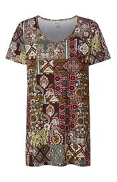 Kurzärmeliges Damen T-Shirt in Braun- und Grüntönen mit vielfältigem grafischem Patchwork-Muster, Rundhalsausschnitt, gerade geschnitten
