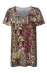 Kurzärmeliges Damen T-Shirt in Braun- und Grüntönen mit vielfältigem grafischem Patchwork-Muster, Rundhalsausschnitt, gerade geschnitten