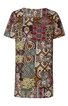 Kurzärmeliges Tunika-Kleid mit auffälligem Patchwork-Muster in Braun-, Grün- und Rottönen, Rundhalsausschnitt, gerade geschnitten, knielang