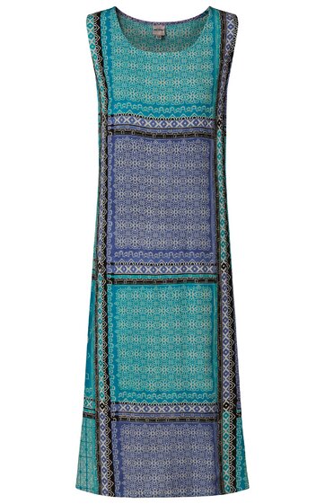Ärmelloses, knielanges Kleid in türkis und blau, geometrisches Muster mit quadratischen Feldern, rundhalsausschnitt, gerade geschnitten