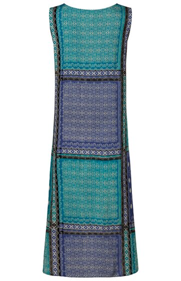 Ärmelloses langes Kleid in Türkis und Dunkelblau mit geometrischem Muster, Rechteckformen mit kleinen Mustern, rundem Ausschnitt, gerade geschnitten