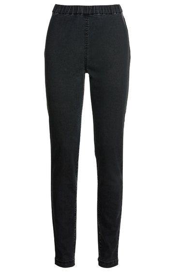 Schwarze Hose, eng anliegende Form, elastischer Bund ohne sichtbare Verschlüsse, schlanke Beinform