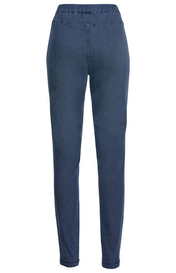 Dunkelblaue Hose ohne Muster, elastischer Bund, schmal geschnitten, lange Beine, ohne sichtbare Taschen oder Verzierungen