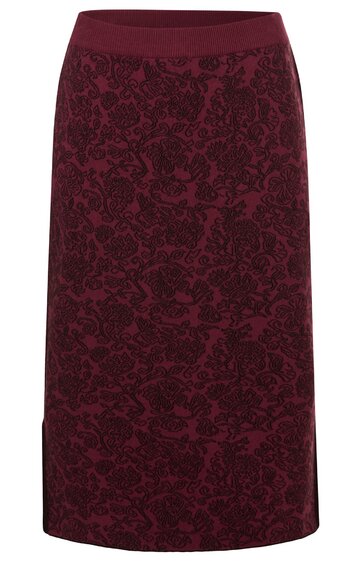 Dunkelroter Rock mit schwarzem Blumenmuster, gerade geschnitten, hoher Bund, knielang