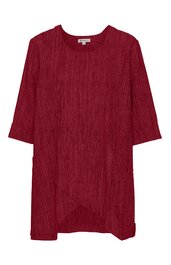 Dunkelrotes langärmeliges Kleid ohne Muster, Rundhalsausschnitt, gerade geschnitten, mittellang