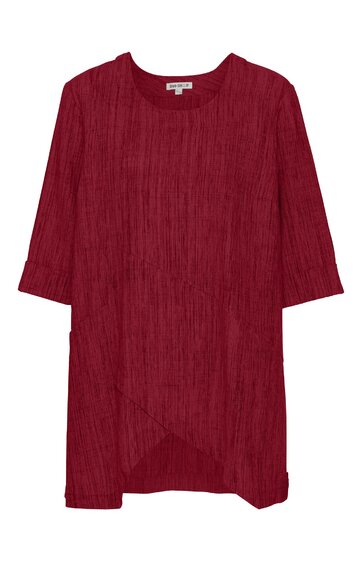 Dunkelrotes langärmeliges Kleid ohne Muster, Rundhalsausschnitt, gerade geschnitten, mittellang