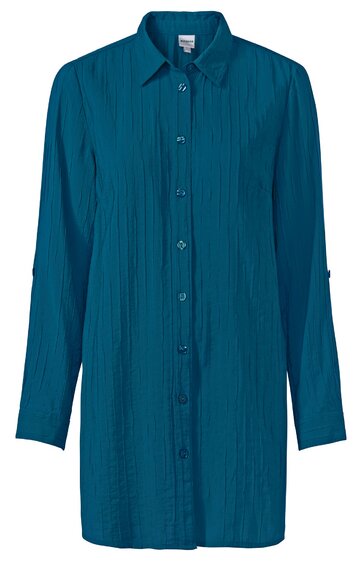 Türkisblaues langärmeliges Hemd mit durchgehender Knopfleiste, Hemdkragen, gerader Schnitt ohne Muster, lange Ärmel mit Riegel zum Aufkrempeln