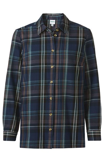 Langärmliges Hemd in Dunkelblau mit kariertem Muster in Hellblau und Beige, durchgehende Knopfleiste, klassischer Kragen, gerade geschnitten