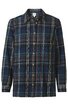 Langärmliges Hemd in Dunkelblau mit kariertem Muster in Hellblau und Beige, durchgehende Knopfleiste, klassischer Kragen, gerade geschnitten