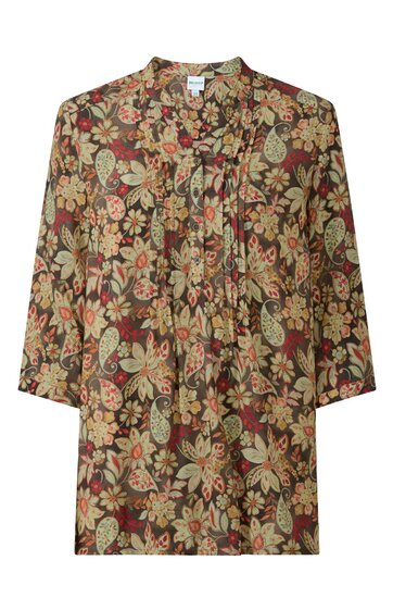 Braune Bluse mit beigem und roten floralem Muster, Stehkragen mit Schluppe, 3/4-Ärmel, lockere Passform