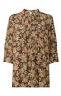 Braune Bluse mit beigem und roten floralem Muster, Stehkragen mit Schluppe, 3/4-Ärmel, lockere Passform