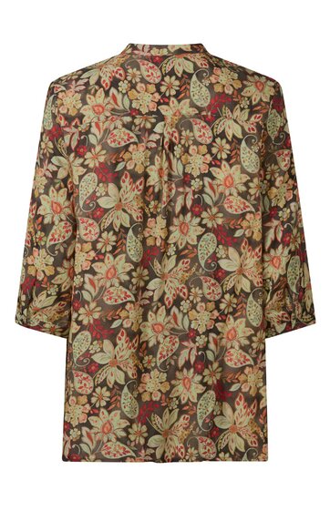 Bluse in braun mit buntem Blumenmuster, langer Schnitt, Stehkragen, lange Ärmel, gerade Form