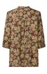 Bluse in braun mit buntem Blumenmuster, langer Schnitt, Stehkragen, lange Ärmel, gerade Form