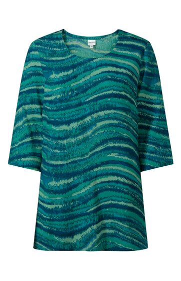Damenbluse in verschiedenen Grüntönen, wellenförmiges Streifenmuster, Rundhalsausschnitt, halblange gerade geschnittene Ärmel, lockere Passform