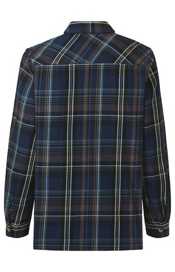 Dunkelblaues Hemd mit kariertem Muster aus weißen, hellblauen und roten Linien, gerade geschnitten, Langarm, mit Kragen und Knopfmanschetten, Rückansicht