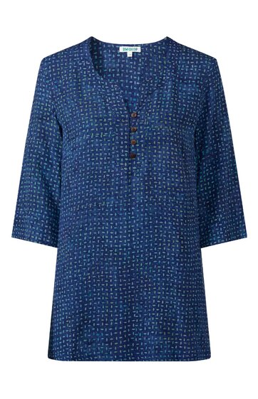 Dunkelblaues Damenoberteil mit kleinem weißen Punktemuster, V-Ausschnitt mit vier braunen Knöpfen, 3/4-Ärmel, locker geschnitten