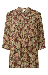 Braune Bluse mit beigem und roten floralem Muster, Stehkragen mit Schluppe, 3/4-Ärmel, lockere Passform