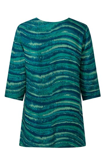 Damenoberteil in petrol und dunkelblau mit wellenförmigem Streifenmuster, Rundhalsausschnitt, dreiviertellange Ärmel, gerade geschnitten