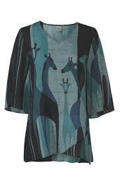 Tunika in dunklem Türkis mit abstraktem Giraffenmuster in Blau und Schwarz, V-Ausschnitt, 3/4-Ärmel, asymmetrischer Saum
