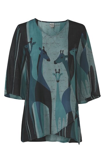 Tunika in dunklem Türkis mit abstraktem Giraffenmuster in Blau und Schwarz, V-Ausschnitt, 3/4-Ärmel, asymmetrischer Saum