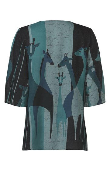 Langärmliges Kleid in Blau- und Schwarztönen, abstraktes Giraffenmotiv über Vorder- und Rückseite verteilt, rundhals, lockere Passform