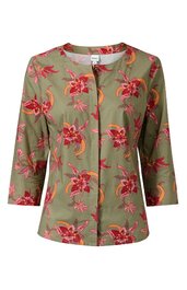 Grünes Damenoberteil mit roten und rosa Blumenmuster, rundem Ausschnitt ohne Kragen, 3/4-Ärmel, gerade geschnitten, durchgehende Knopfleiste verdeckt