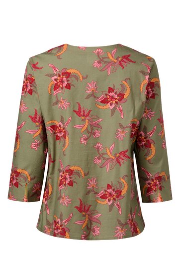 Olivgrünes Oberteil mit roten und pinken Blumenmustern, Rundhalsausschnitt, 3/4-Ärmel, gerade geschnitten, Rückansicht