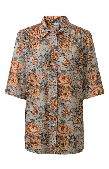 Kurzärmeliges Hemd in Hellgrau mit orangefarbenem Blumenmuster, Kentkragen, durchgehende Knopfleiste, lockere Passform