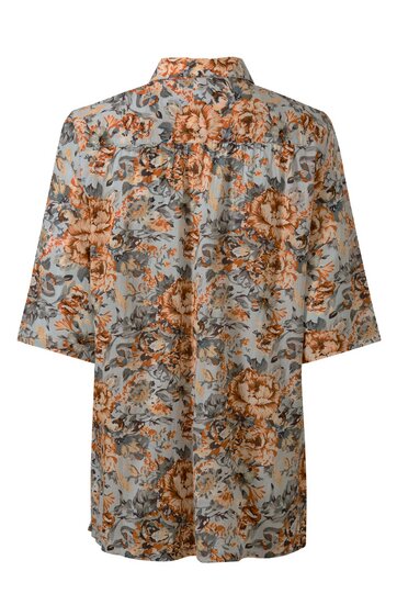 Hemdbluse hellblau mit großem braunem Blumenmuster, halblange Ärmel, Stehkragen, lockere Passform